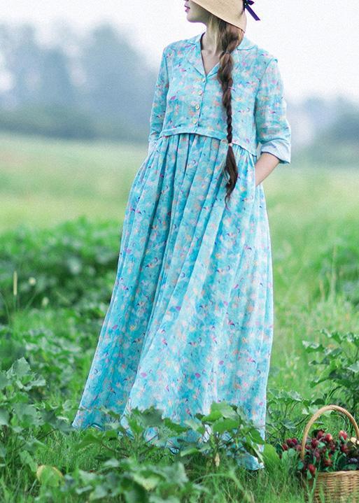 Italian Blue Print Clothes Notched Cinched Maxi Summer Dresses - Omychic