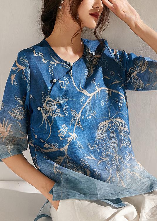 Italian Blue Print Oriental Summer Ramie Shirt Half Sleeve - Omychic