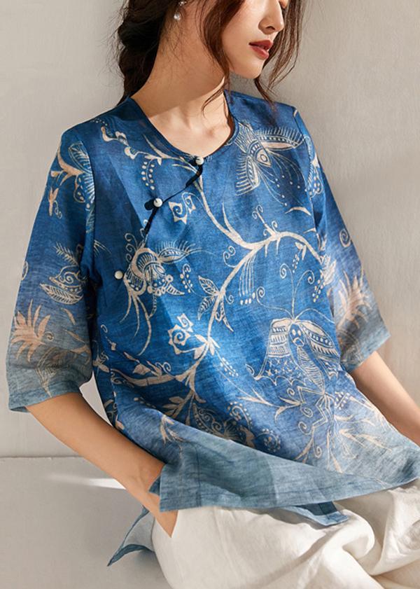 Italian Blue Print Oriental Summer Ramie Shirt Half Sleeve - Omychic