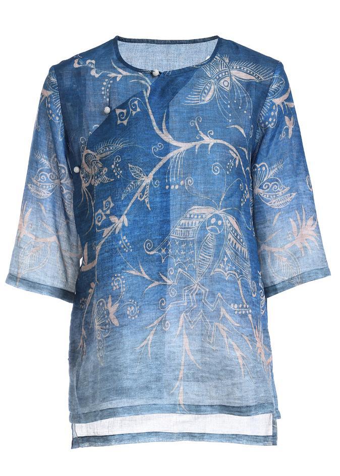 Italian Blue Print Oriental Summer Ramie Shirt Half Sleeve - Omychic