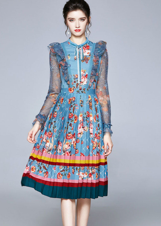 Italian Blue Ruffled Lace Up Print Tulle Patchwork Chiffon Dresses Fall