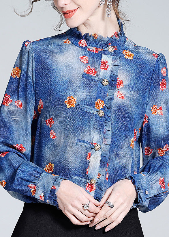 Italian Blue Ruffled Print Button Silk Shirt Long Sleeve