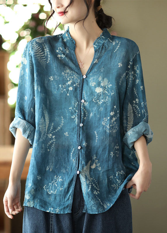 Italian Blue V Neck Print Linen Shirt Spring