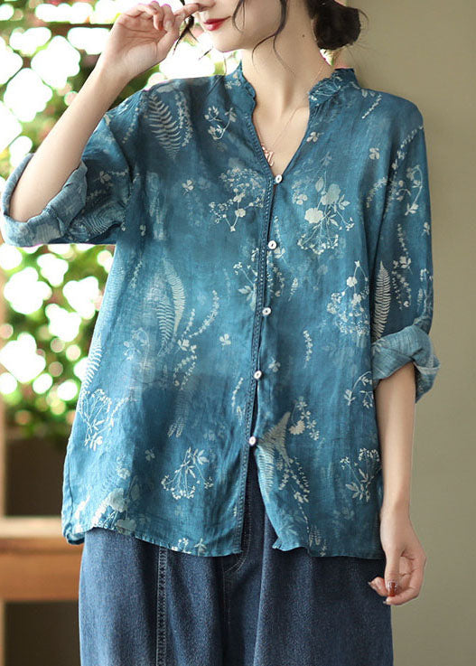 Italian Blue V Neck Print Linen Shirt Spring