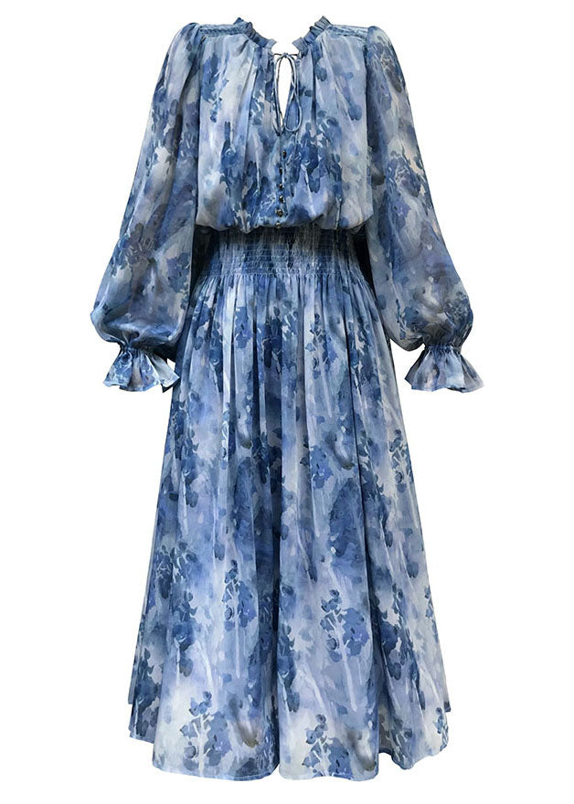 Italian Blue V-Neck Print Wrinkled Chiffon Cinch Dress Spring