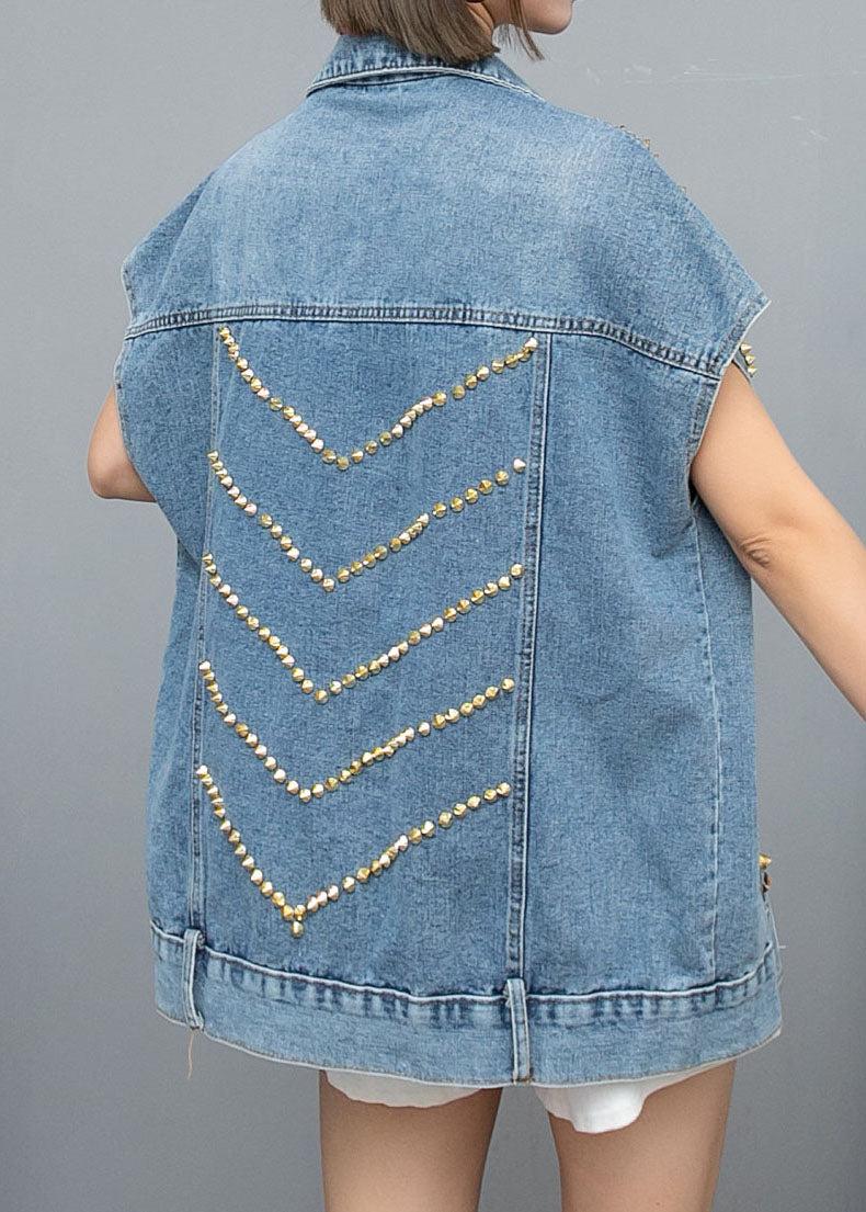 Italian Blue Zircon Rivet Patchwork Denim Vest Sleeveless