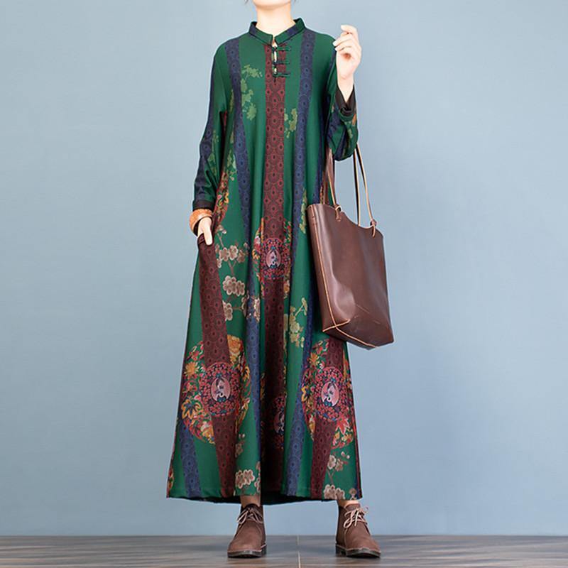 Italian Chinese Button cotton stand collar clothes Women Neckline green prints cotton Dress - Omychic