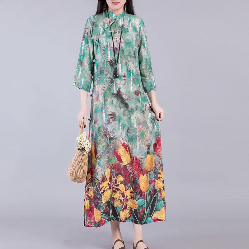 Italian Chinese Button Cotton Tunic Dress Work Green Prints Maxi Dresses Autumn - Omychic