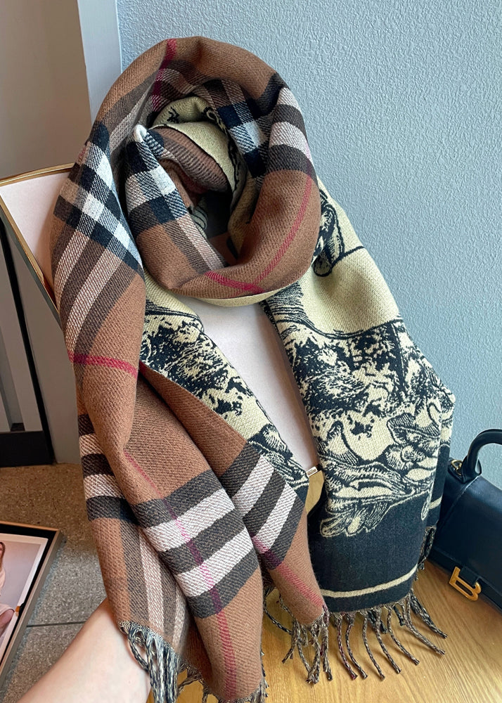 Italian Chocolate Plaid Tasseled Faux Cashmere Scarf