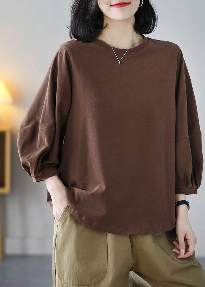 Italian Coffee O-Neck Oversized Cotton Blouse Top Bracelet Sleeve