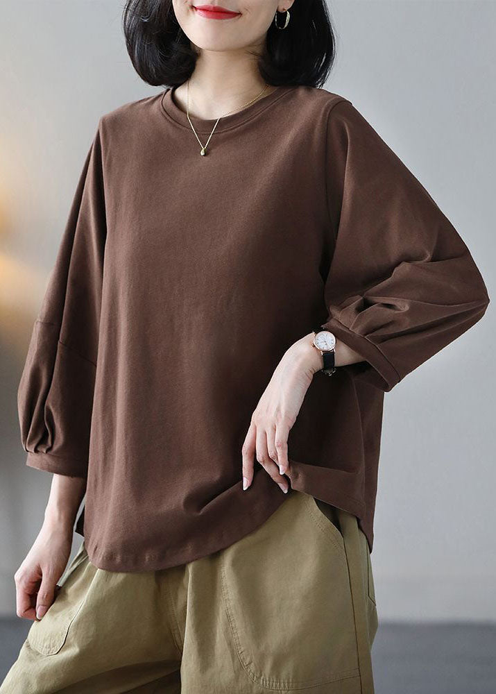 Italian Coffee O-Neck Oversized Cotton Blouse Top Bracelet Sleeve