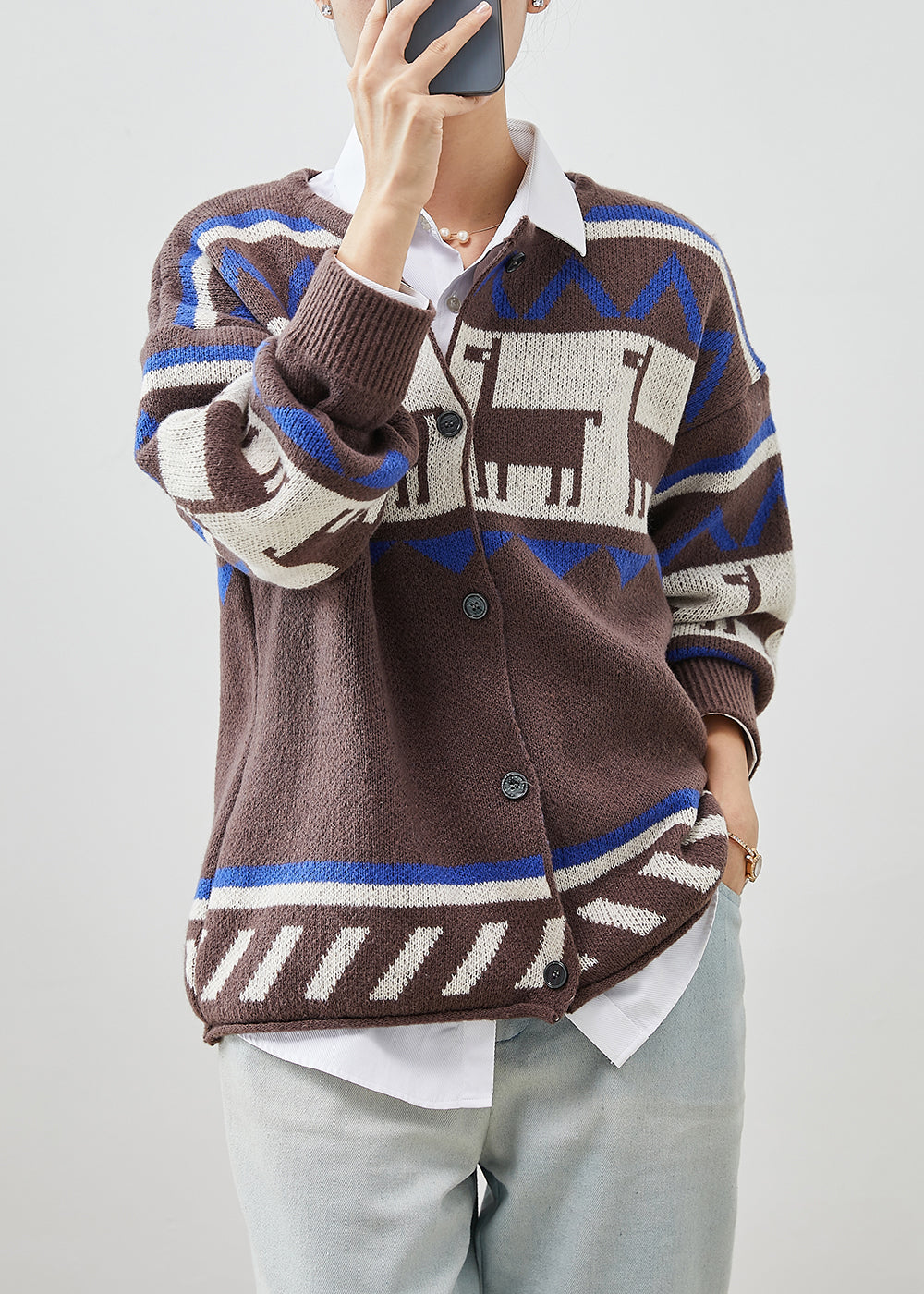 Italian Coffee O-Neck Print Knit Cardigans Spring