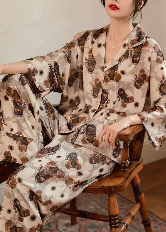 Italian Coffee Peter Pan Collar Print Ice Silk Pajamas Outfit Spring