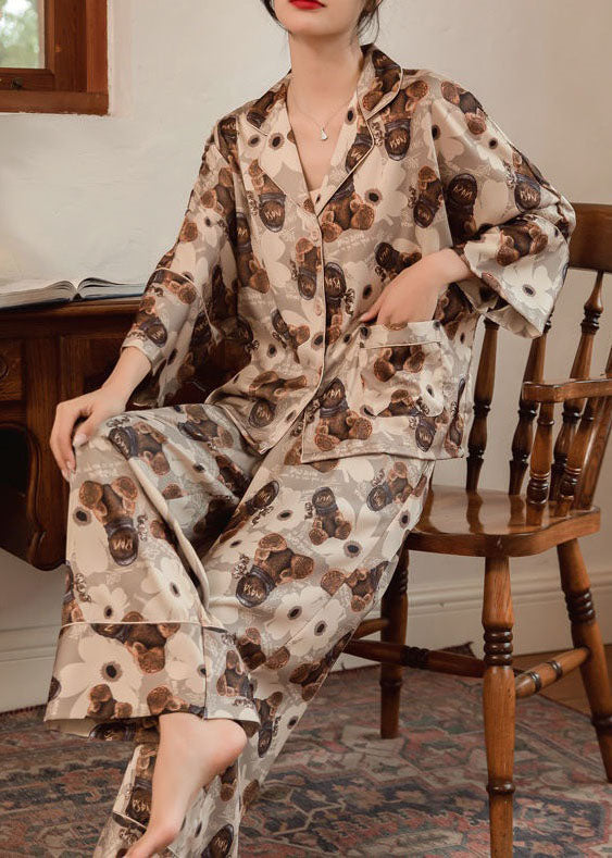 Italian Coffee Peter Pan Collar Print Ice Silk Pajamas Outfit Spring