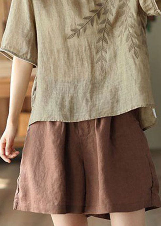 Italian Coffee Pockets Patchwork Linen Shorts Summer