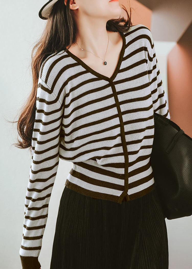 Italian Coffee V Neck Striped Wool Knitted Tops Fall