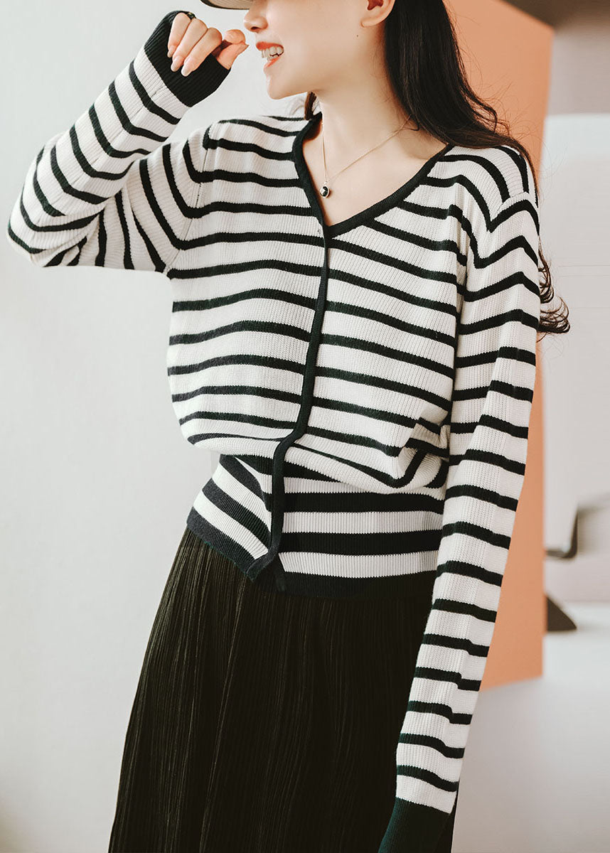 Italian Coffee V Neck Striped Wool Knitted Tops Fall