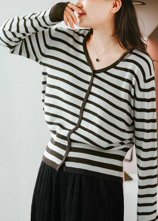 Italian Coffee V Neck Striped Wool Knitted Tops Fall