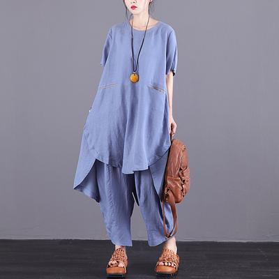 Italian Cotton outfit Women Spliced Irregular blue Short Sleeve Blouse And Pants - Omychic