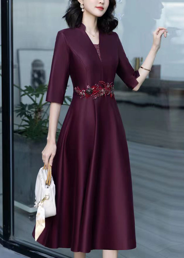 Italian Deep Purple V Neck Zircon Patchwork Silk Dress Half Sleeve