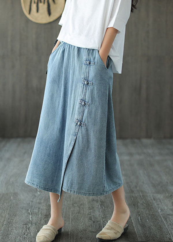 Italian Denim Blue Elastic Waist Asymmetrical Oriental Button Cotton Skirt Summer