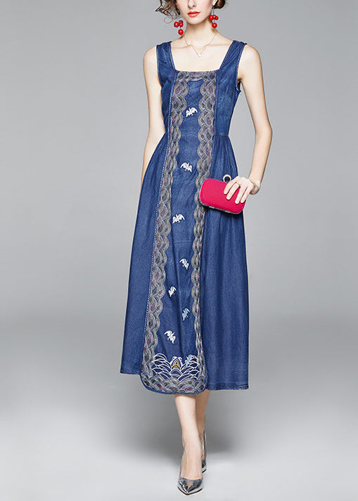Italian Denim Blue Embroideried Wrinkled Cotton Vacation Strap Dresses Sleeveless