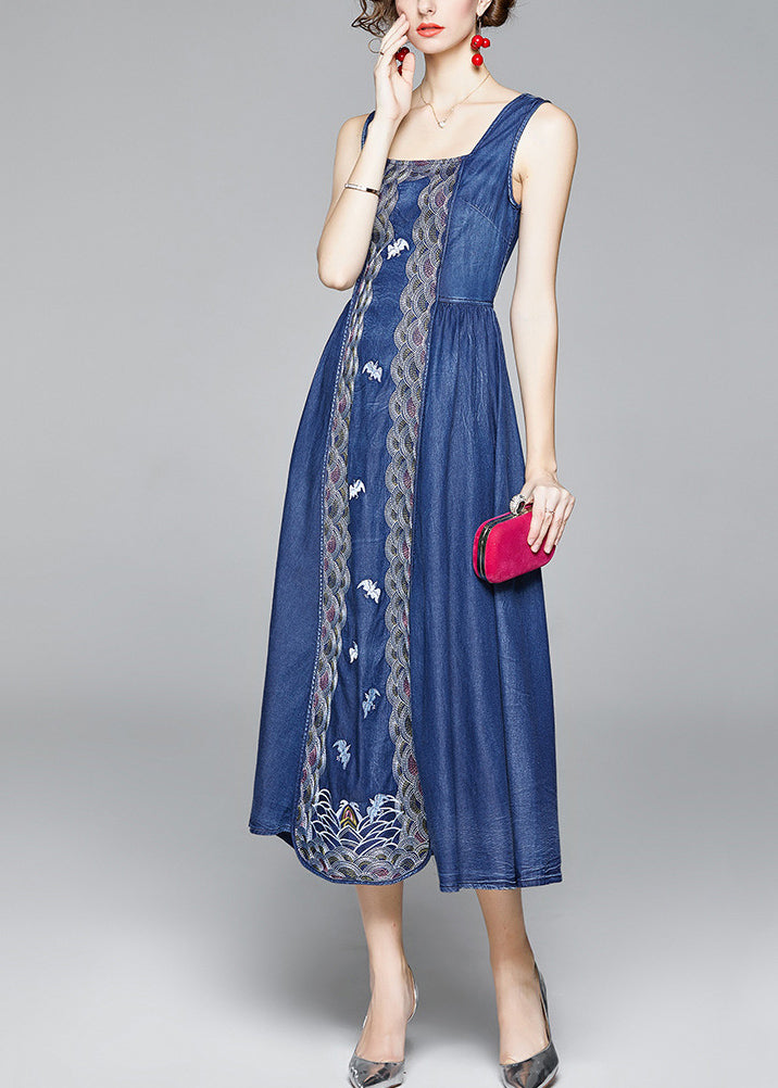 Italian Denim Blue Embroideried Wrinkled Cotton Vacation Strap Dresses Sleeveless