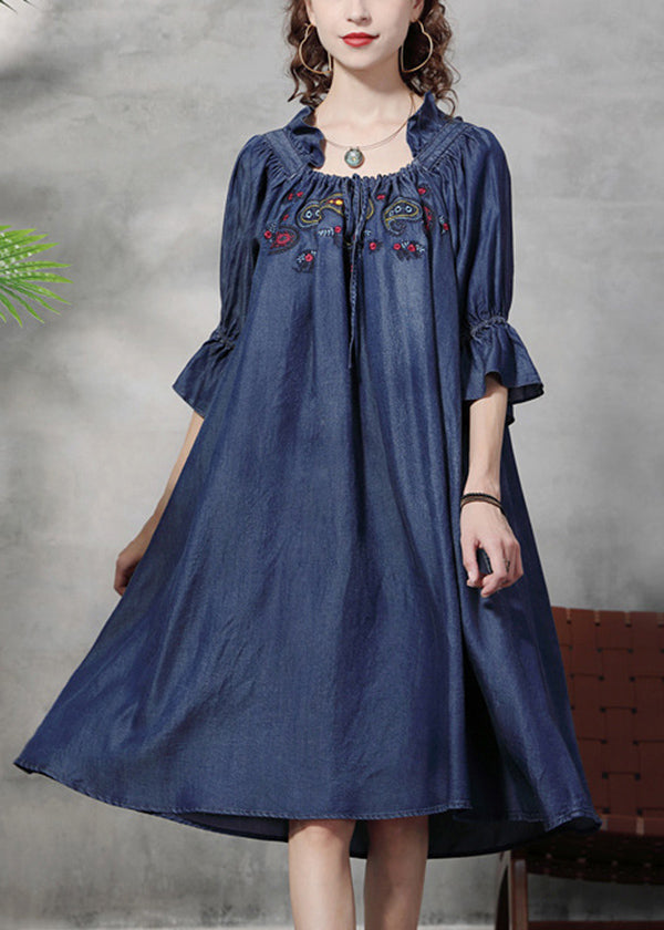 Italian Denim Blue Ruffled Embroideried Cotton A Line Dress Half Sleeve
