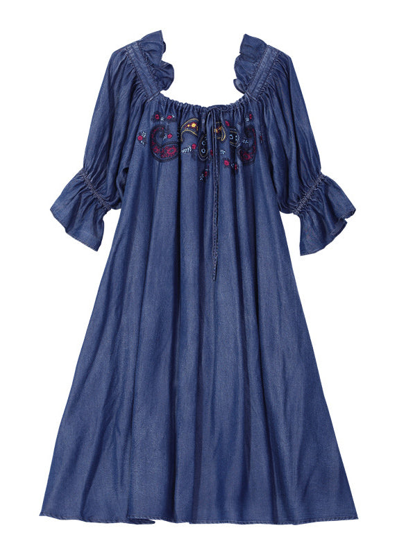 Italian Denim Blue Ruffled Embroideried Cotton A Line Dress Half Sleeve