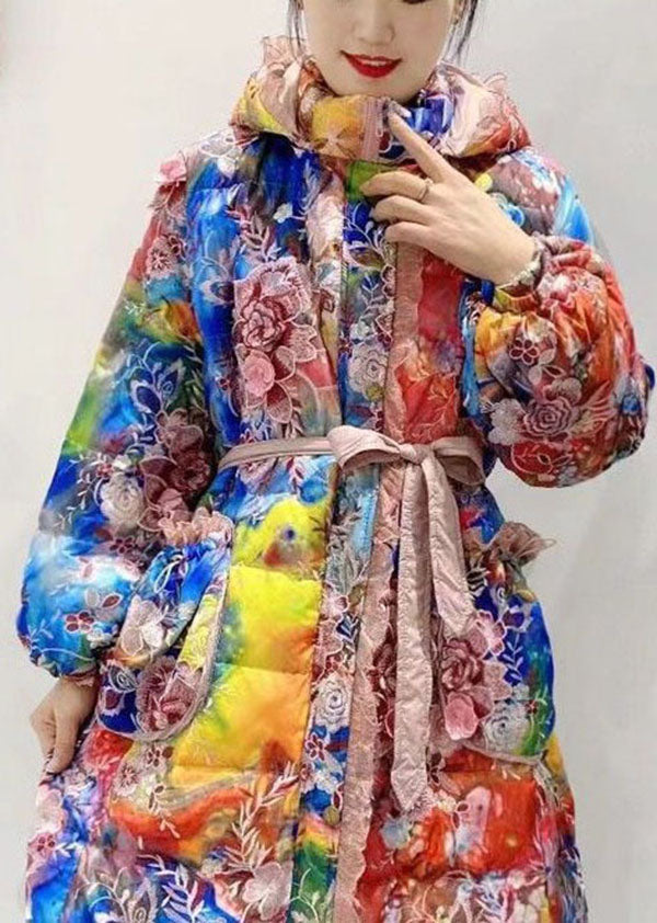 Italian Embroidered Ruffled Patchwork Print Duck Down Winter Coats