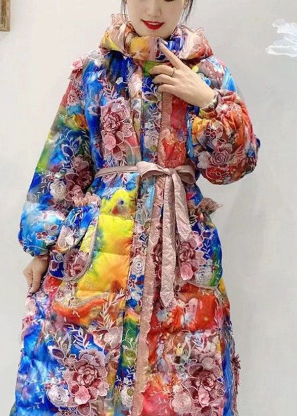 Italian Embroidered Ruffled Patchwork Print Duck Down Winter Coats