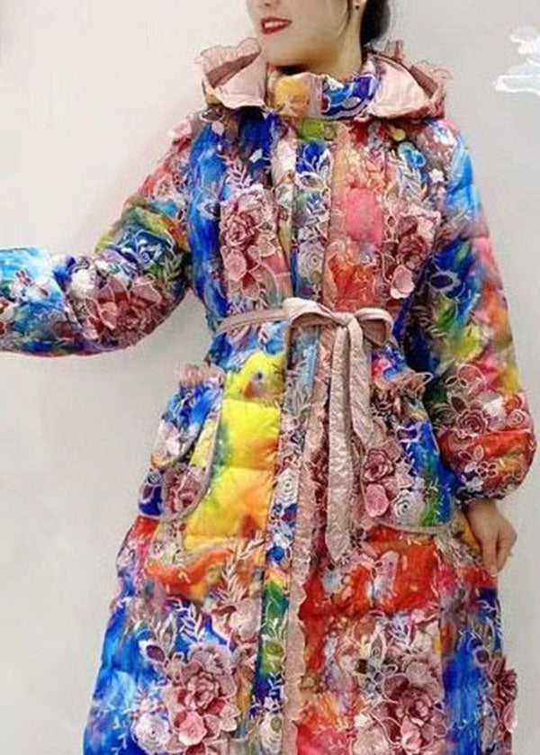 Italian Embroideried Ruffled Patchwork Print Duck Down Winter Coats