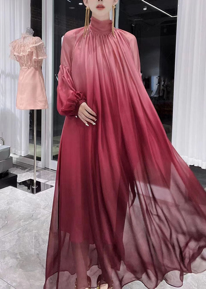 Italian Gradient Color Red Wrinkled Tulle Maxi Dresses Fall