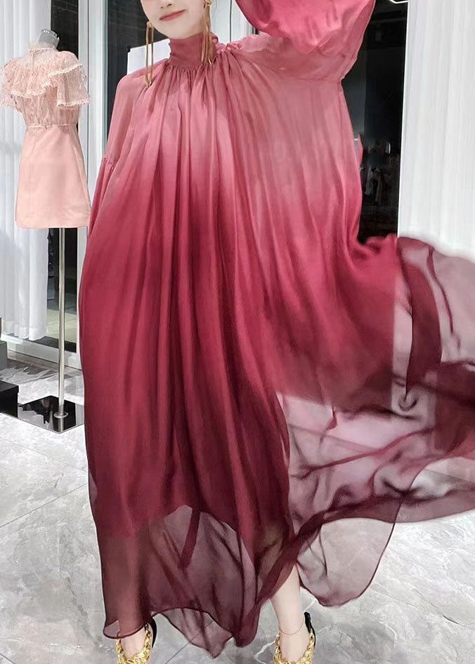 Italian Gradient Color Red Wrinkled Tulle Maxi Dresses Fall