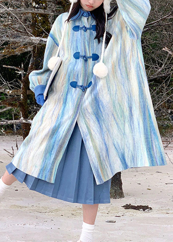 Italian Gradient Color Sea Blue Peter Pan Collar Button Thick Woolen Trench Coats Winter