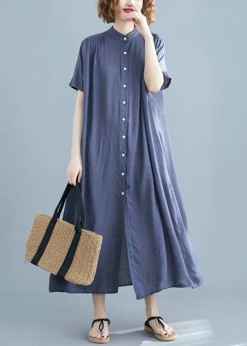 Italian Gray Tunics Stand Collar Robe Summer Dress - Omychic