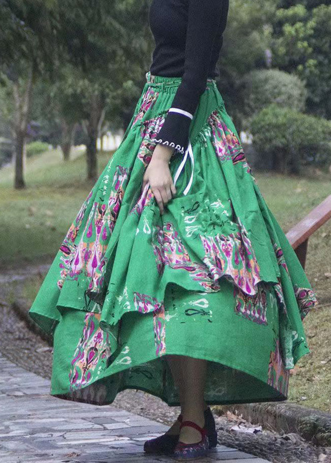 Italian Green Asymmetrical Print Elastic Waist Maxi Skirts Fall