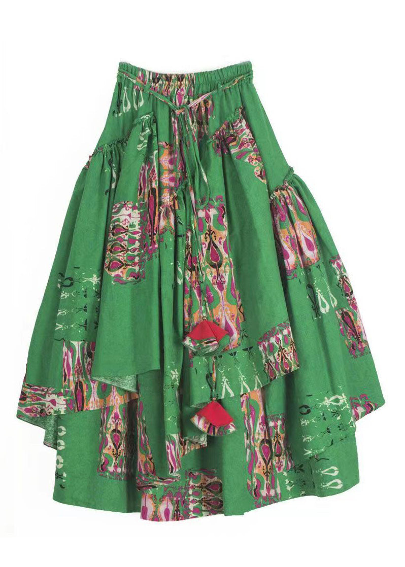 Italian Green Asymmetrical Print Elastic Waist Maxi Skirts Fall
