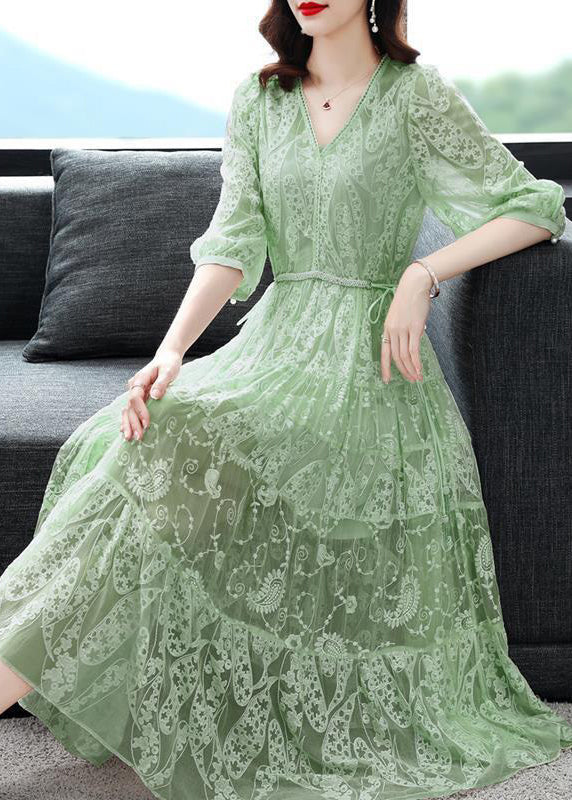 Italian Green Lace Up Embroideried Lace Dress Summer