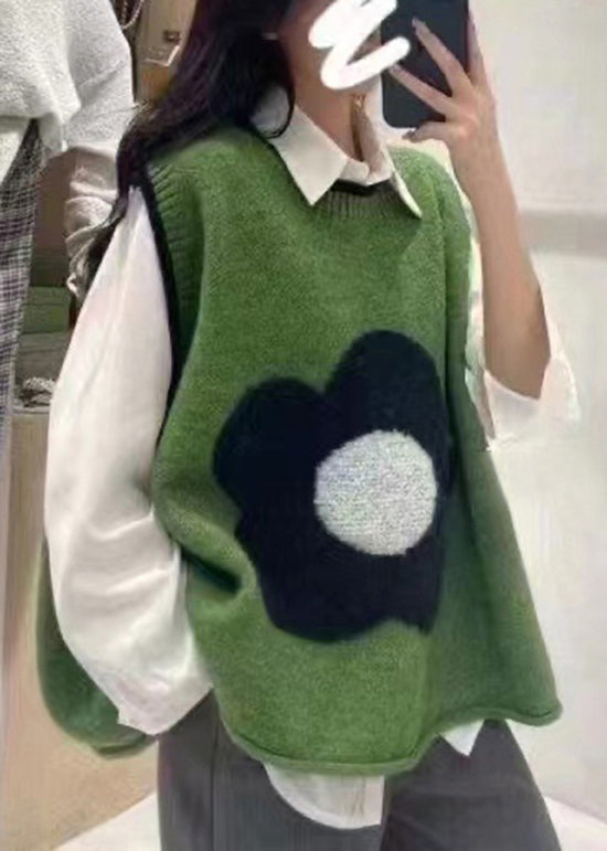 Italian Green O Neck Floral Patchwork Knit Vest Sleeveless - Omychic