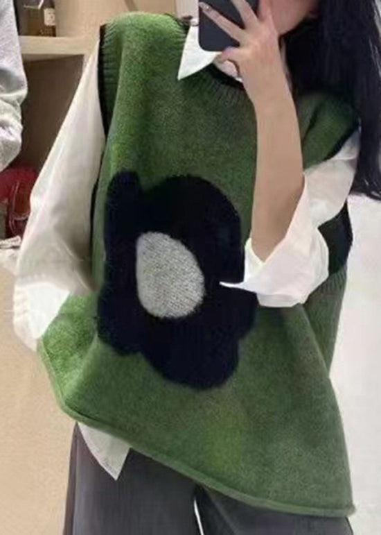 Italian Green O Neck Floral Patchwork Knit Vest Sleeveless