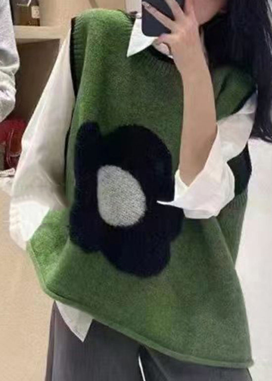 Italian Green O Neck Floral Patchwork Knit Vest Sleeveless - Omychic
