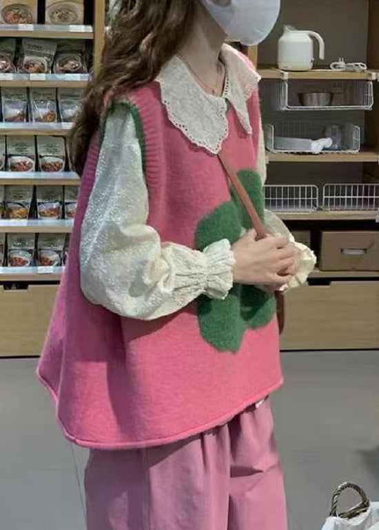Italian Green O Neck Floral Patchwork Knit Vest Sleeveless - Omychic