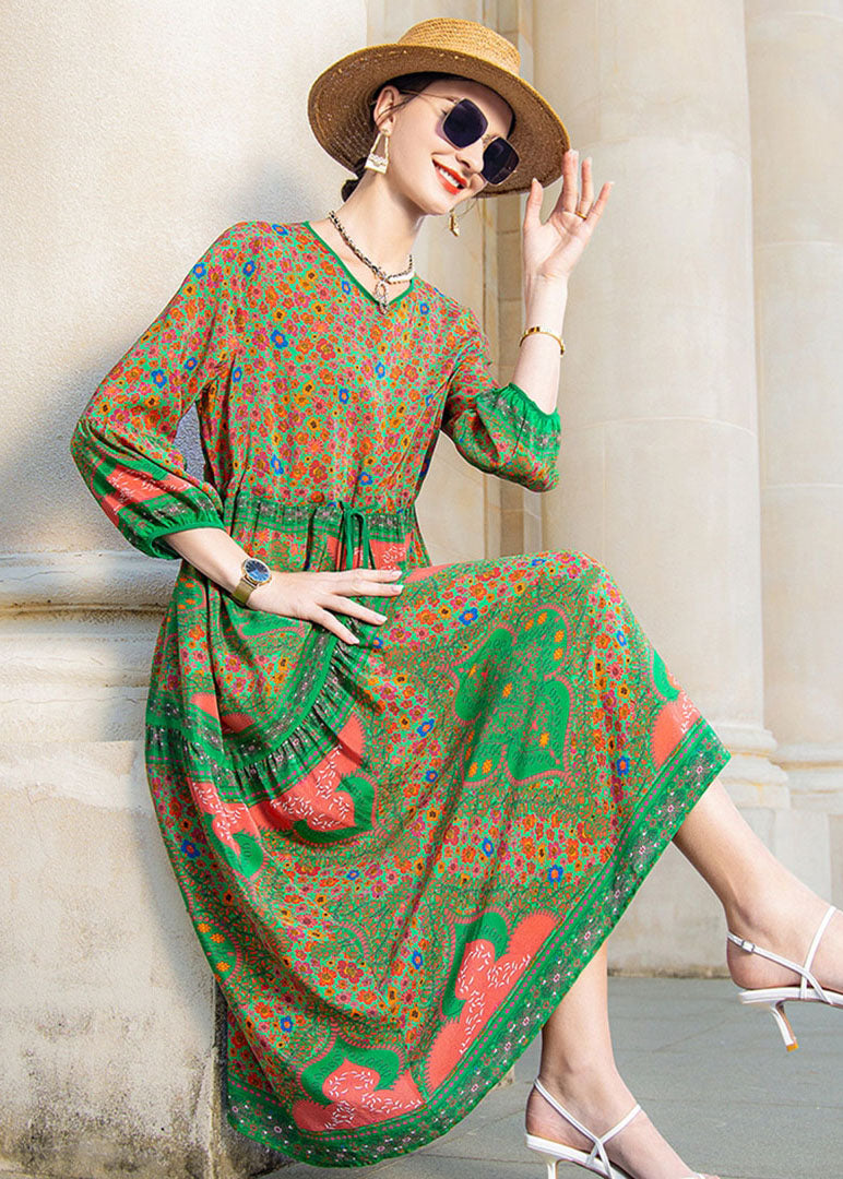 Italian Green O Neck Print Drawstring Patchwork Silk Dress Summer