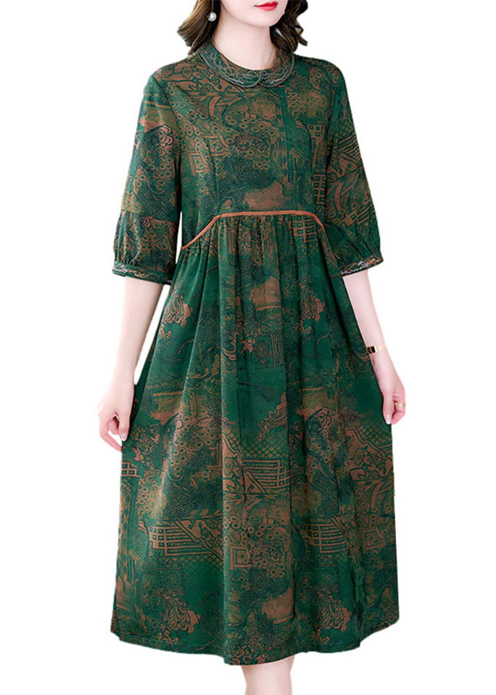 Italian Green Peter Pan Collar Print Wrinkled Patchwork Silk Dresses Summer
