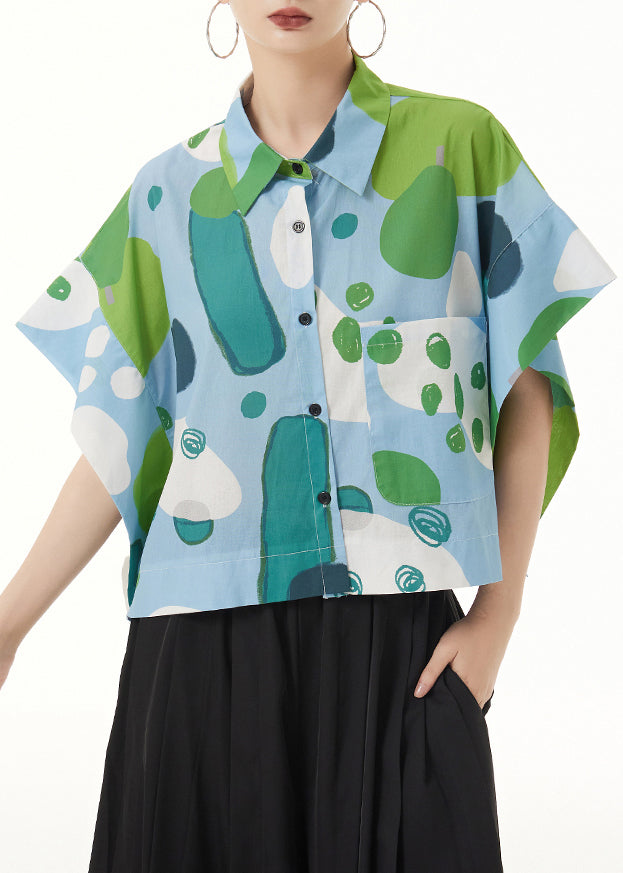 Italian Green Print Button Patchwork Cotton Blouses Batwing Sleeve