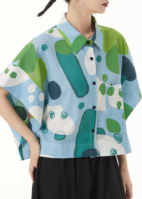 Italian Green Print Button Patchwork Cotton Blouses Batwing Sleeve