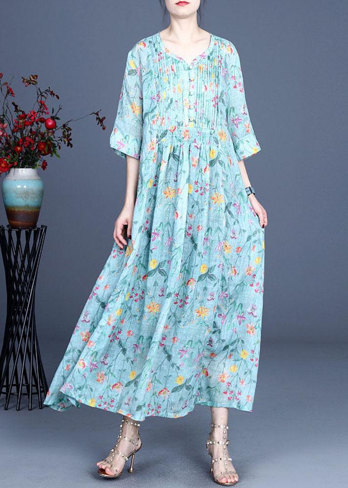 Italian Green Print Cinched Summer Ramie Summer Dresses - Omychic