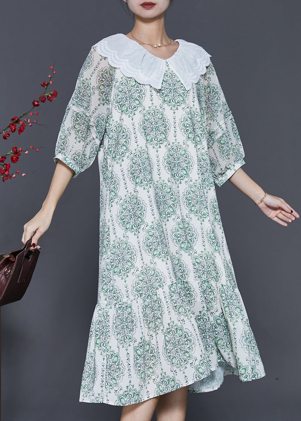 Italian Green Print Peter Pan Collar Chiffon Dress Spring