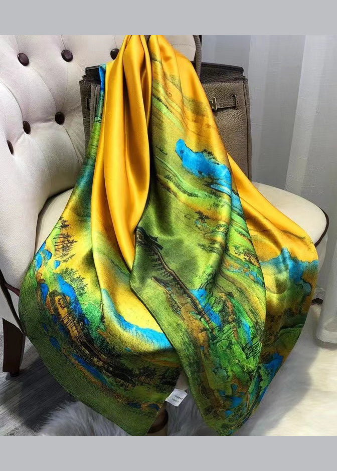 Italian Green Print Women Comfy Silk Scarf